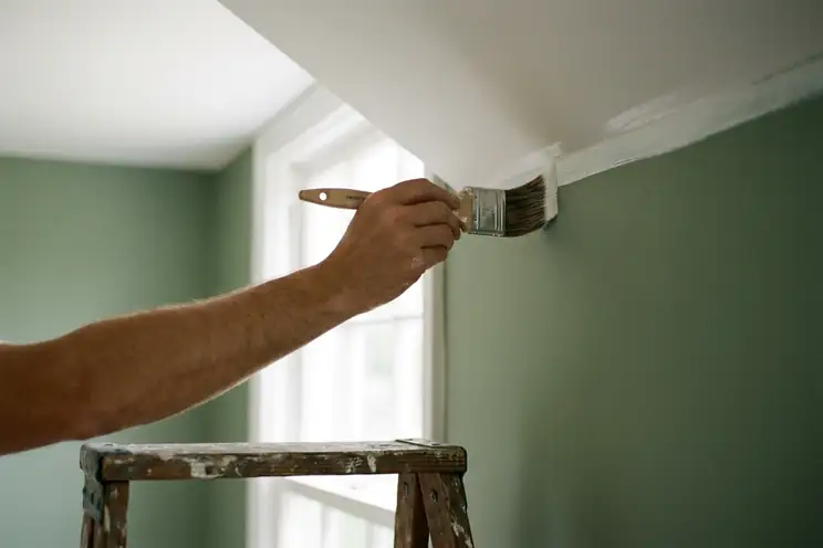 Peintre appliquant au rouleau une couche de finition claire sur le mur d’un séjour, plinthes protégées